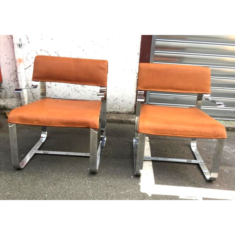 Pair of vintage cognac leather and chrome armchairs, Italy 1970