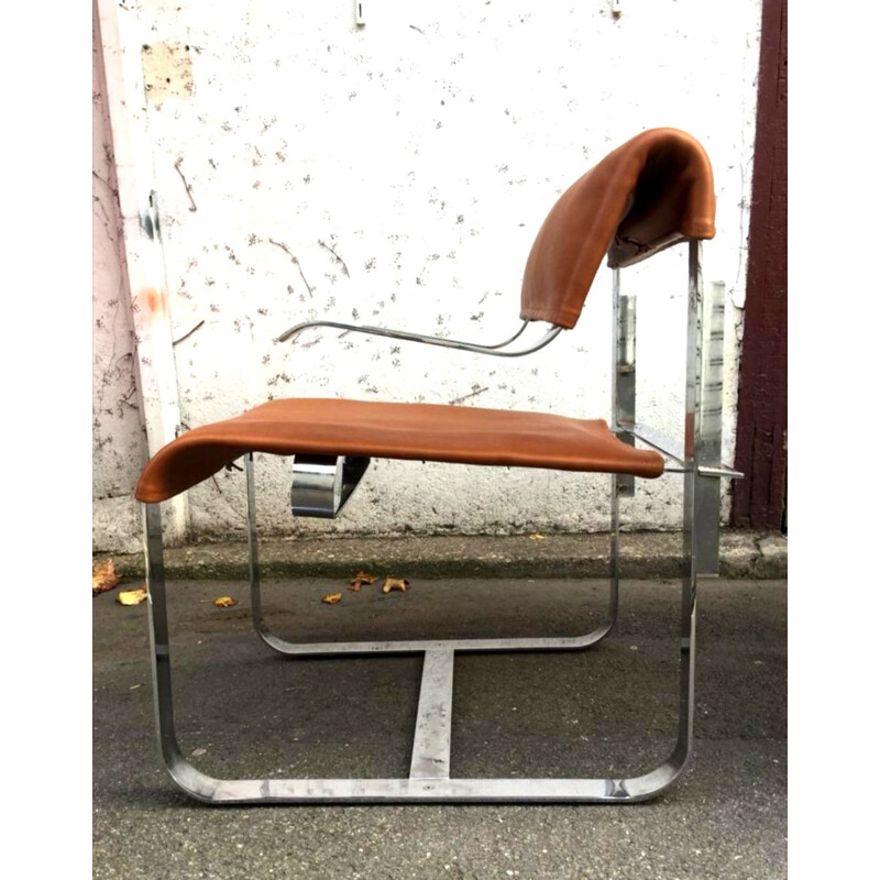 Paar vintage cognac leer en chromen fauteuils, Italië 1970