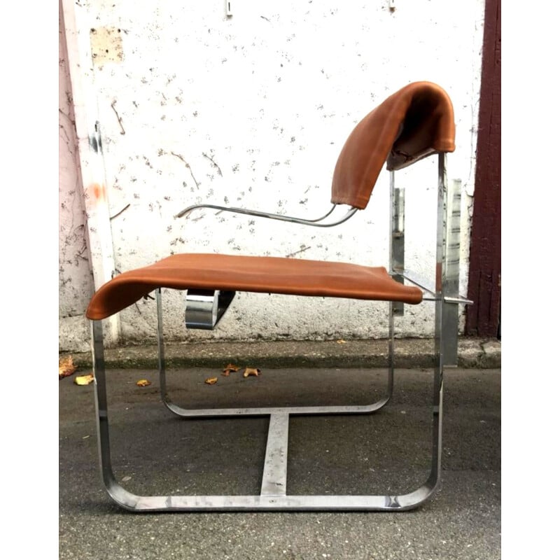 Paire de fauteuils vintage cognac en cuir et chrome, Italie 1970