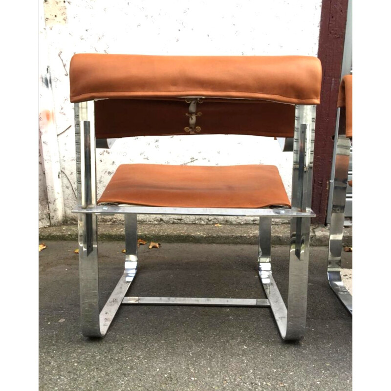 Paar vintage cognac leer en chromen fauteuils, Italië 1970