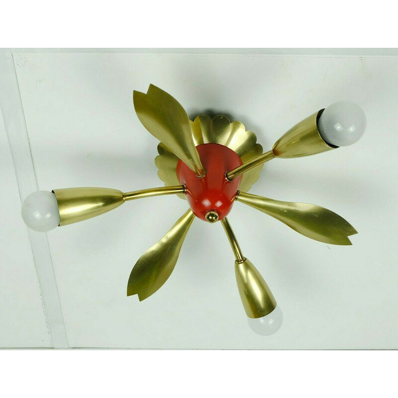 Vintage sputnik chandelier 3 arms brass and red metal, 1950