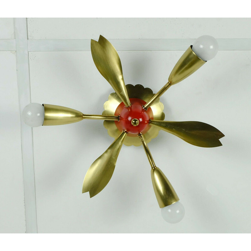 Vintage sputnik chandelier 3 arms brass and red metal, 1950