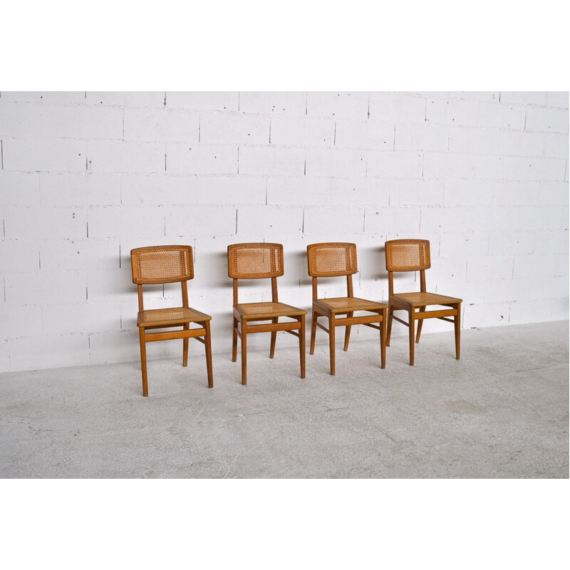 Suite de 4 chaises cannées ACMS, Robert & Jacques PERREAU ACMS - 1950
