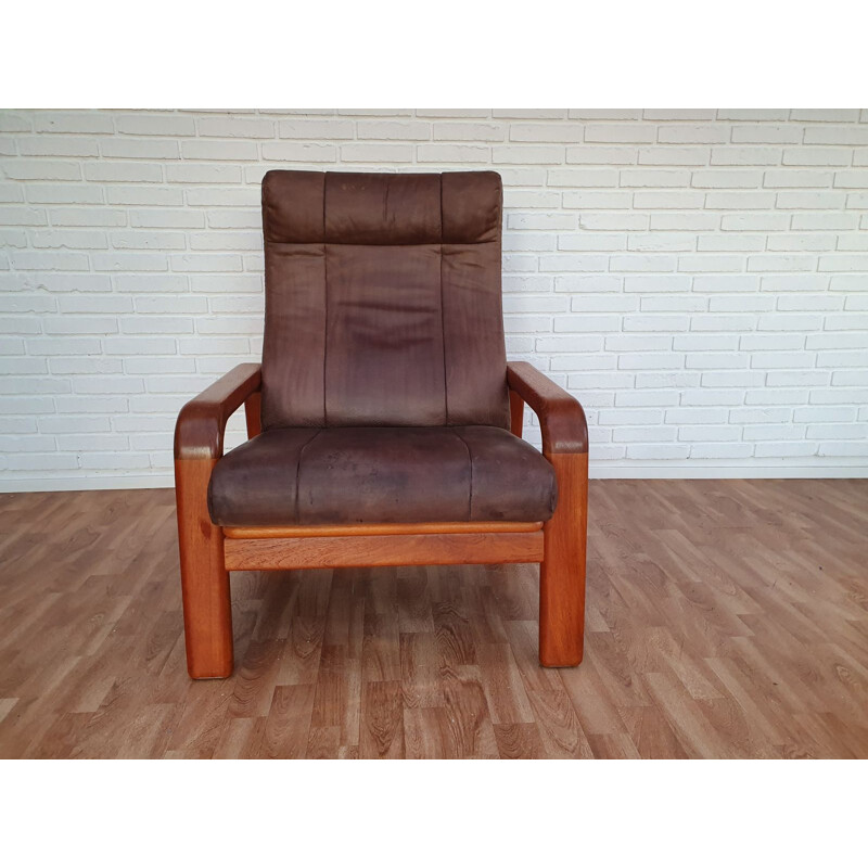 Cadeira de braços dinamarquesa Vintage pela HS Design em couro e teca 1980