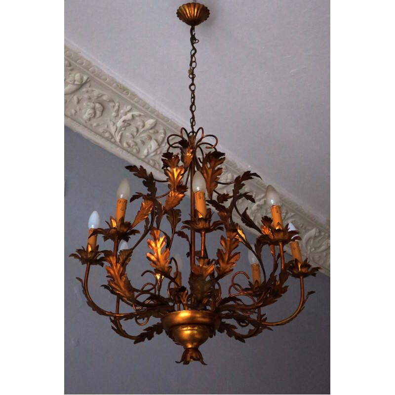 Vintage Gilt tole chandelier with 8 lights, 1960s