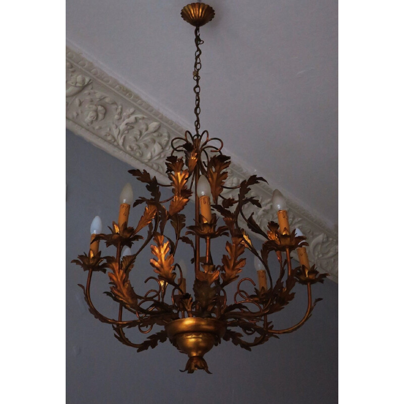 Vintage Gilt tole chandelier with 8 lights, 1960s