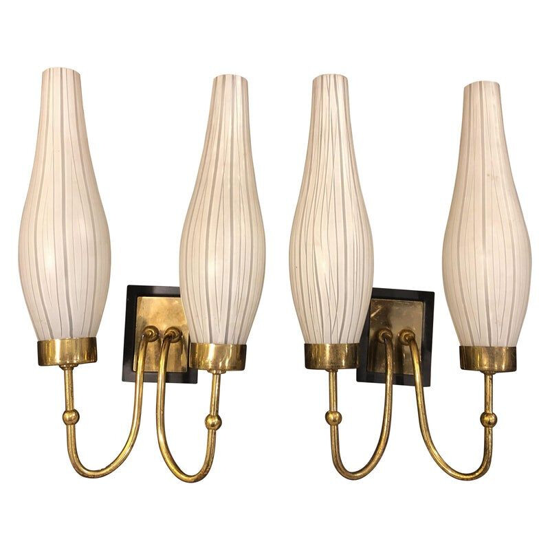 Set of 2 vintage brass and Murano glass wall lights, 1950