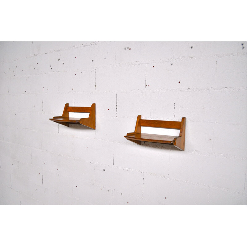 Pair of wall shelves in oakwood, Jacques HITIER - 1950s