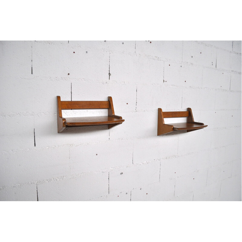 Pair of wall shelves in oakwood, Jacques HITIER - 1950s