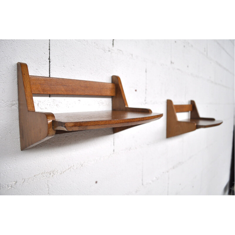 Pair of wall shelves in oakwood, Jacques HITIER - 1950s