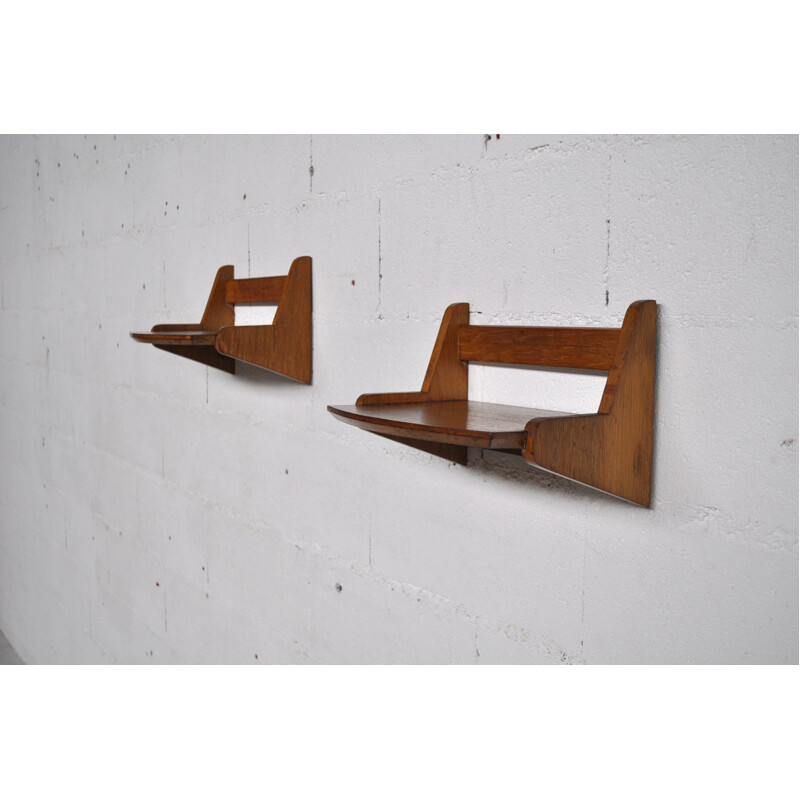 Pair of wall shelves in oakwood, Jacques HITIER - 1950s
