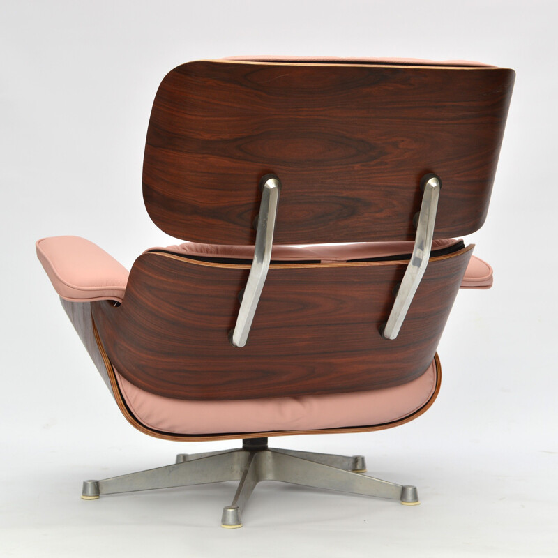 Vintage pink leather and rosewood armchair by ICF for Herman Miller, 1957