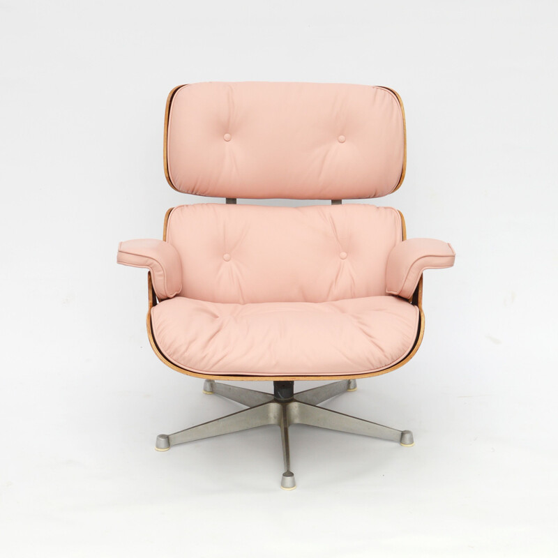 Vintage pink leather and rosewood armchair by ICF for Herman Miller, 1957