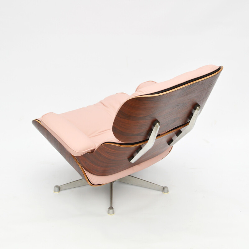 Vintage pink leather and rosewood armchair by ICF for Herman Miller, 1957