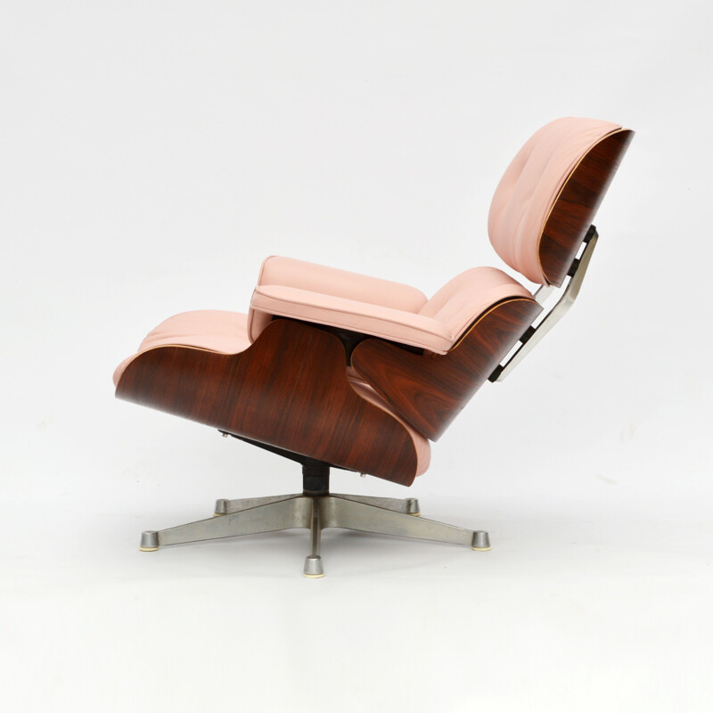 Vintage pink leather and rosewood armchair by ICF for Herman Miller, 1957