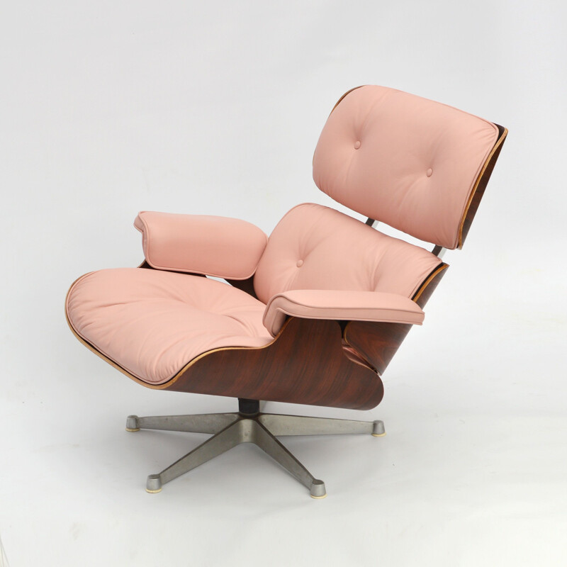 Vintage pink leather and rosewood armchair by ICF for Herman Miller, 1957