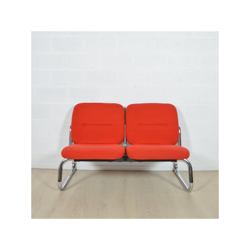 Vintage bench in metal and red fabric - 1980s