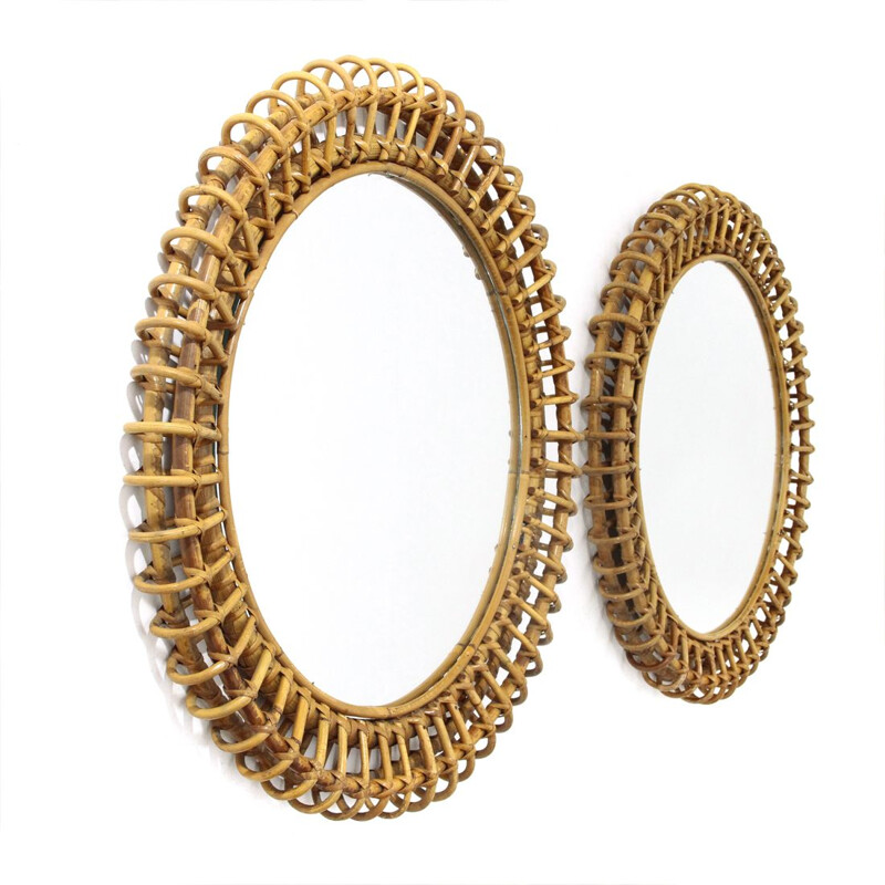 Vintage italian round rattan cane mirror, 1950s