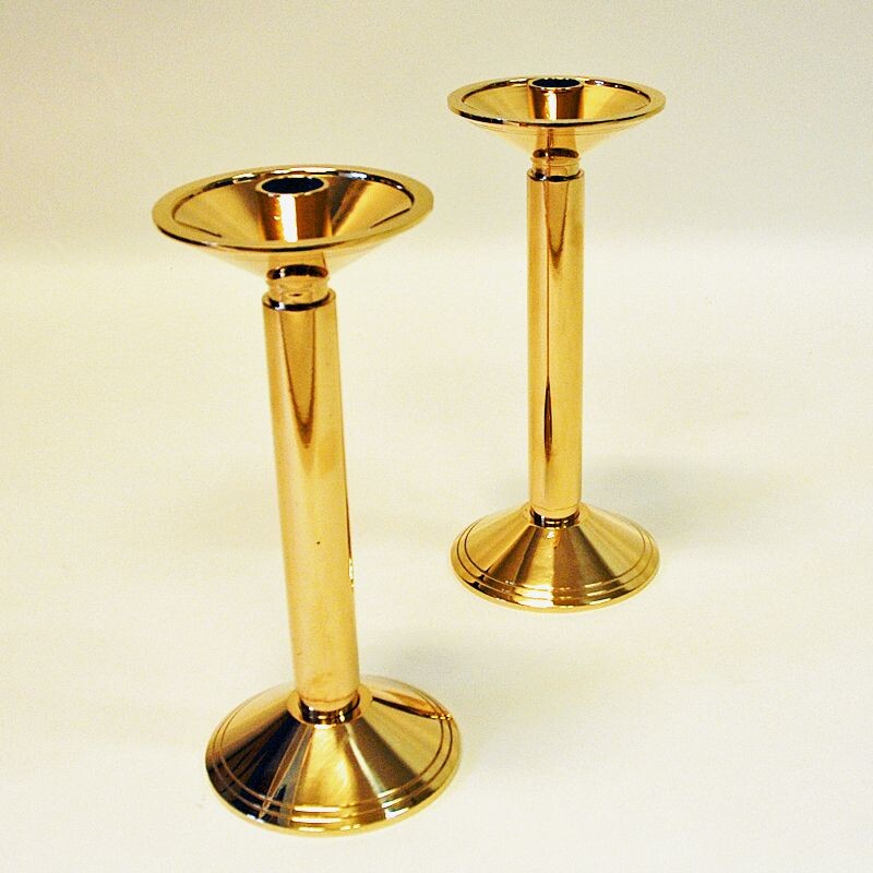 Pair of vintage brass candleholder by Lars Holmström, 1960s