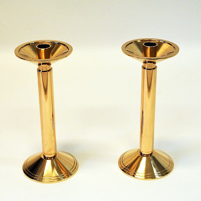 Pair of vintage brass candleholder by Lars Holmström, 1960s