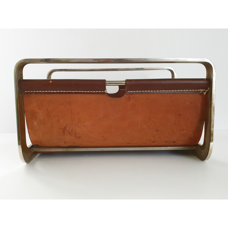 Vintage leather-steel magazine holder by Jean-Paul Creations, 1970