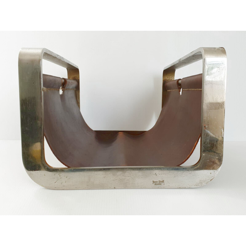 Vintage leather-steel magazine holder by Jean-Paul Creations, 1970