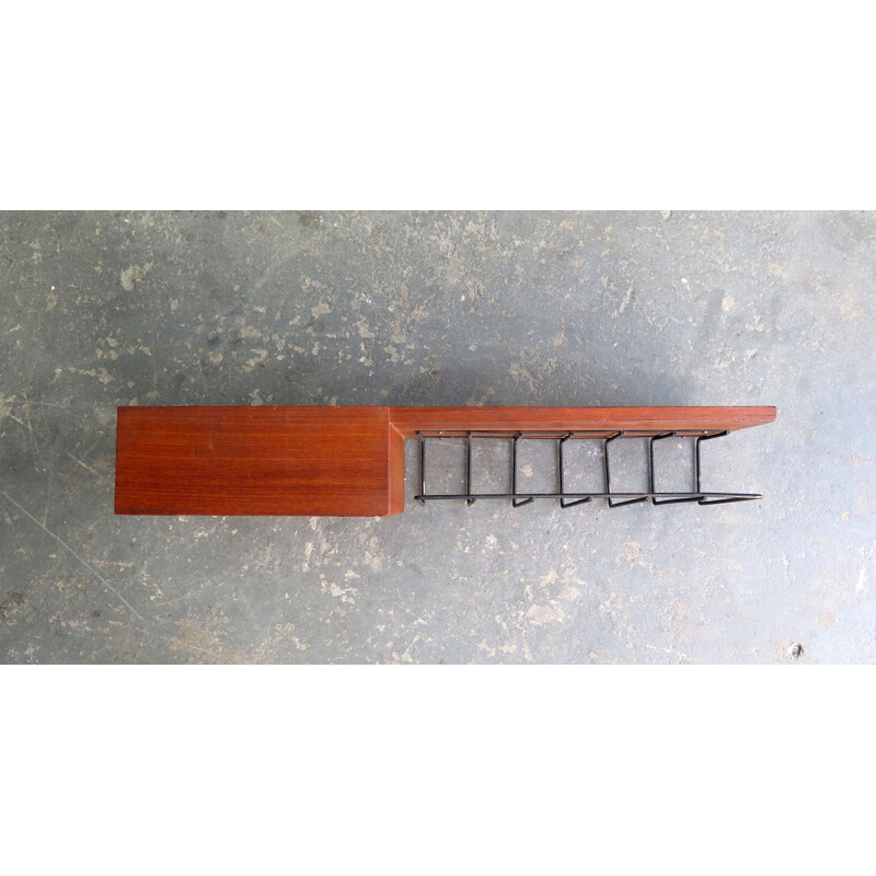 Vintage wall shelf in teak and black metal with drawer, Holland, 1950