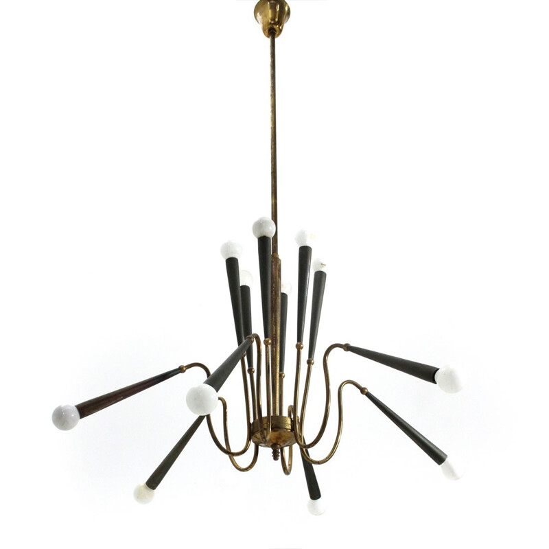 Vintage 12 lights brass chandelier, Italy, 1950s