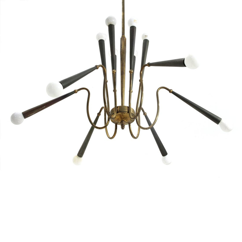 Vintage 12 lights brass chandelier, Italy, 1950s