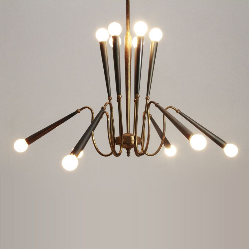 Vintage 12 lights brass chandelier, Italy, 1950s