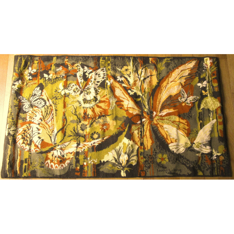 Vintage "Papillonnière" wool tapestry by Hervé Lelong, 1970s