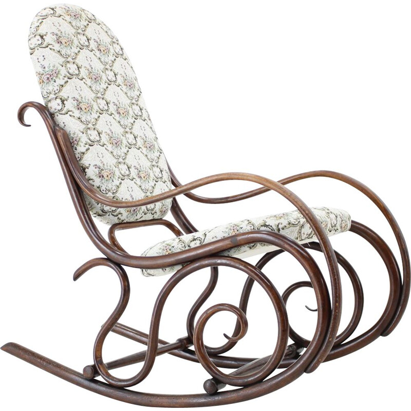 Chaise à bascule vintage en bois et tissu par Gebruder Thonet, 1881