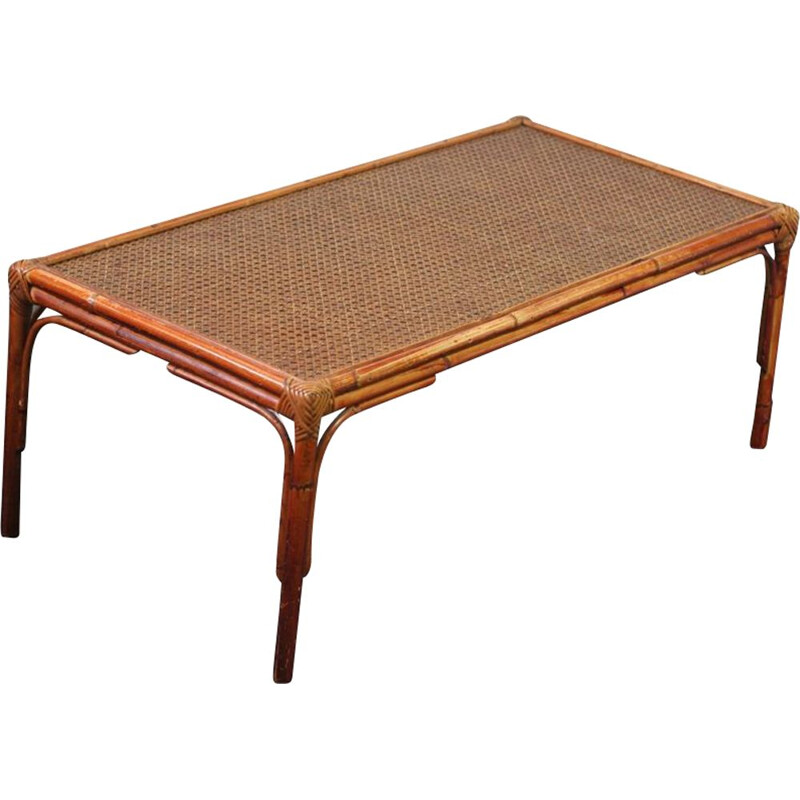 Vintage rattan and cane coffee table, 1970