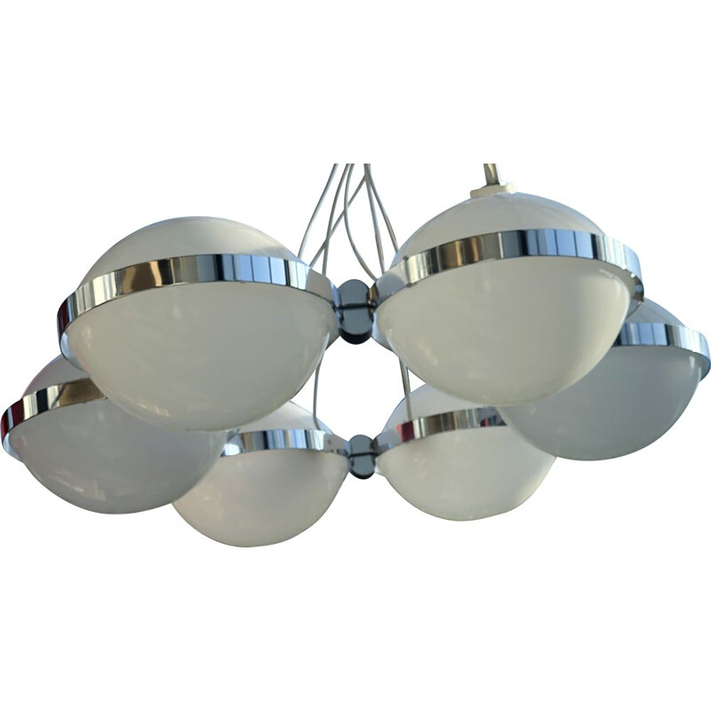 Vintage suspension saucer with 6 chrome and plexi metal globes, 1970 