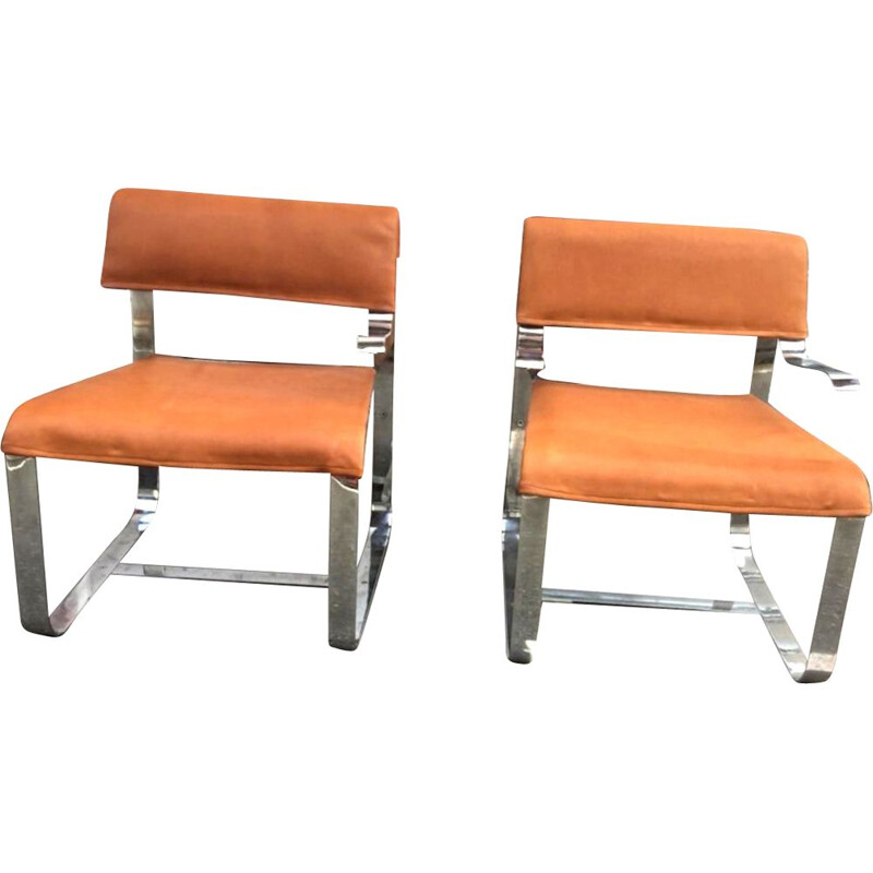 Pair of vintage cognac leather and chrome armchairs, Italy 1970