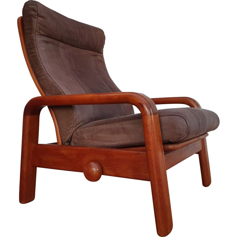 fauteuil danois vintage par HS Design en cuir et teck 1980