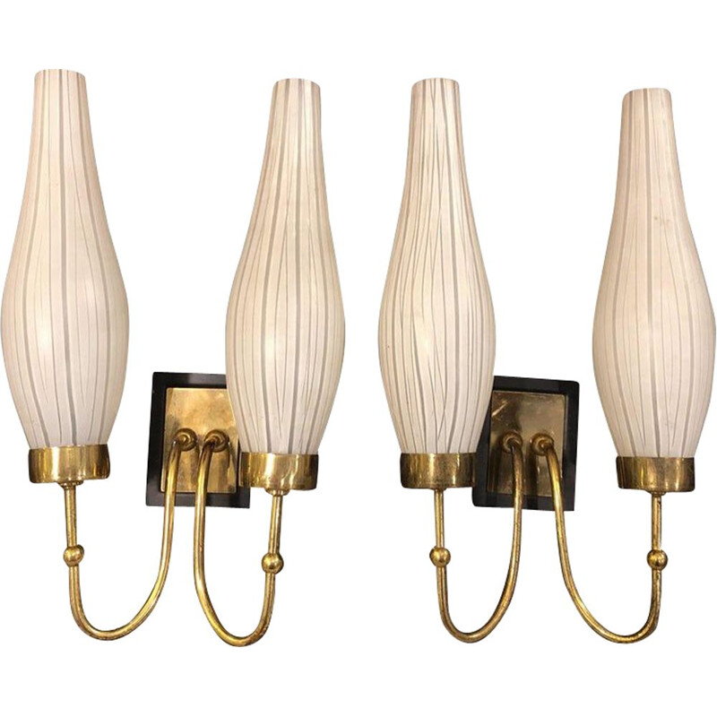 Set of 2 vintage brass and Murano glass wall lights, 1950