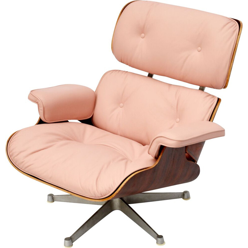 Vintage pink leather and rosewood armchair by ICF for Herman Miller, 1957