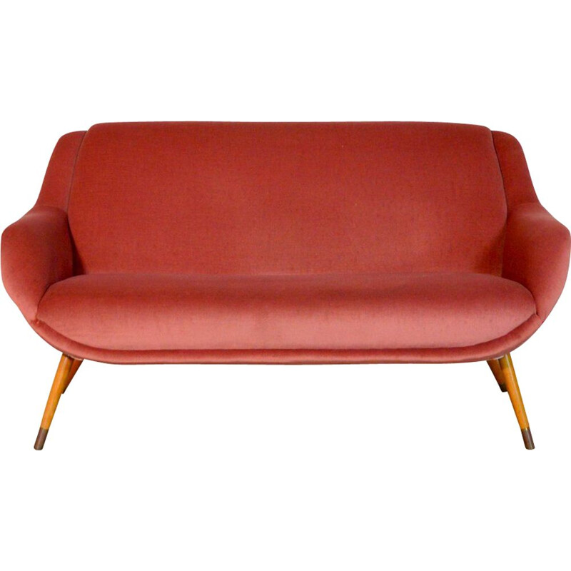 Vintage cocktail sofa in pink velvet and brass, 1960s