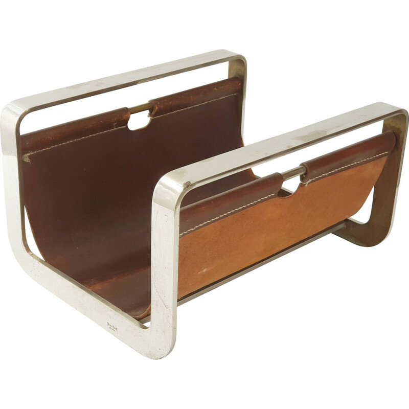 Vintage leather-steel magazine holder by Jean-Paul Creations, 1970