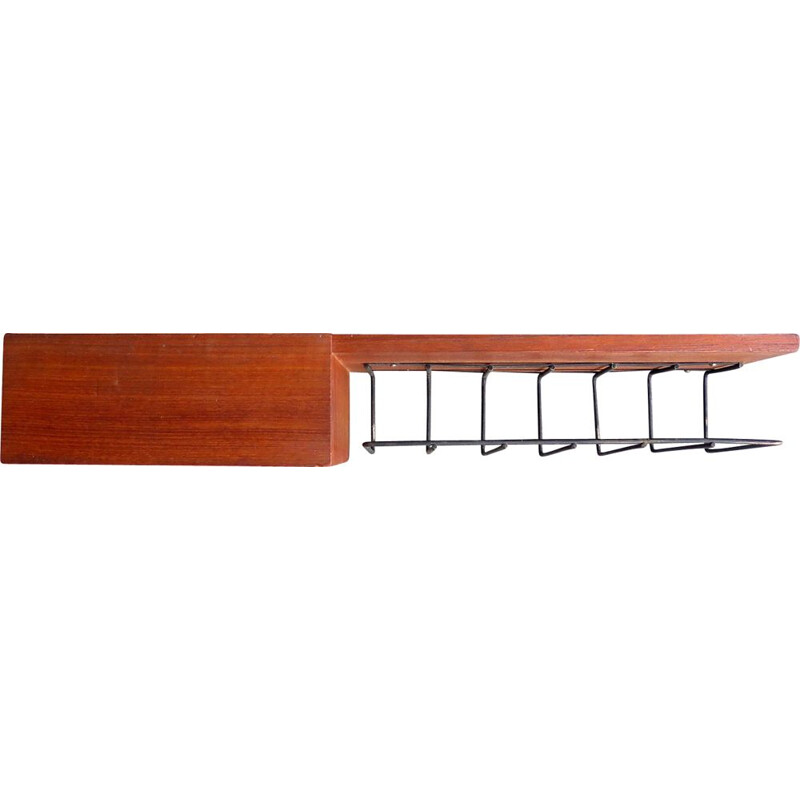 Vintage wall shelf in teak and black metal with drawer, Holland, 1950