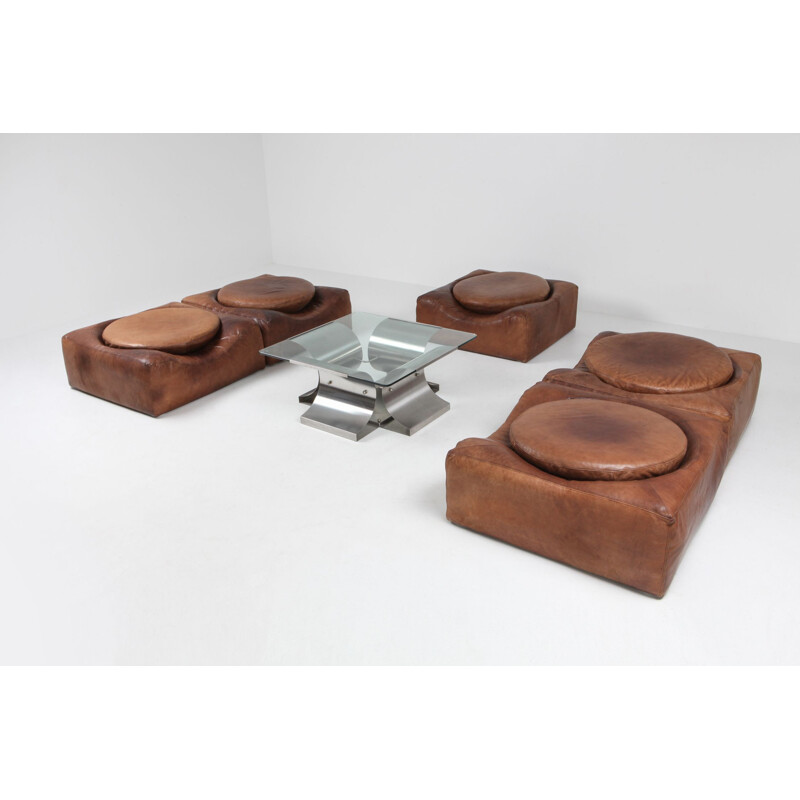 Ensemble de 5 fauteuils lounge vintage en cuir avec coussin demi circulaire réglable, 1970