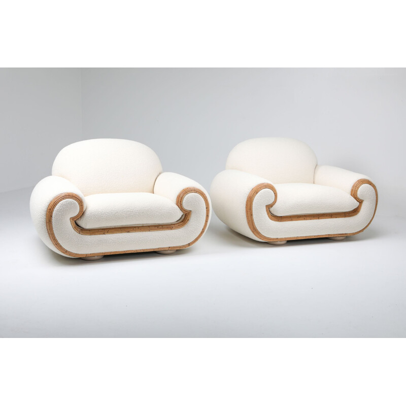 Pair of vintage italian club chairs in rattan and boucle wool by Vivai del Sud, 1970