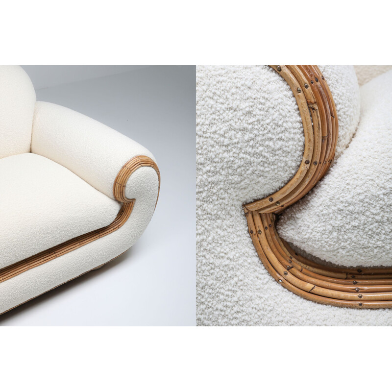 Pair of vintage italian club chairs in rattan and boucle wool by Vivai del Sud, 1970