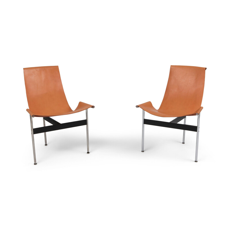 Pair of vintage chairs in chrome steel and cognac leather by Katavolos, Kelley and Littell, Usa 1952