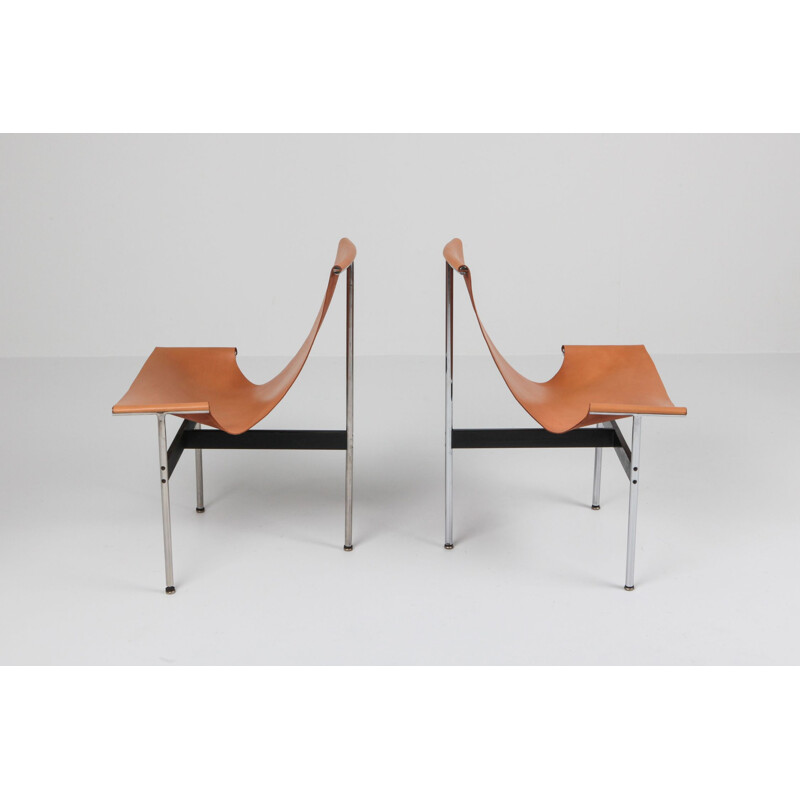 Par de cadeiras vintage em aço cromado e couro de conhaque por Katavolos, Kelley e Littell, Eua 1952