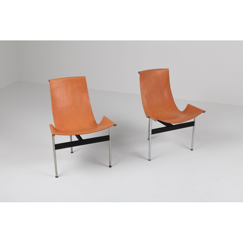 Pair of vintage chairs in chrome steel and cognac leather by Katavolos, Kelley and Littell, Usa 1952