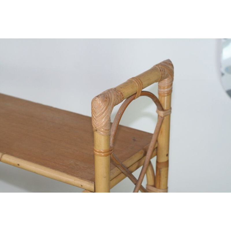 Vintage rattan and oak shelf, 1970s