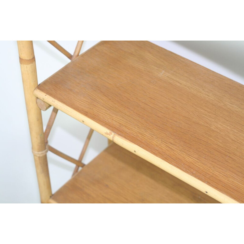 Vintage rattan and oak shelf, 1970s