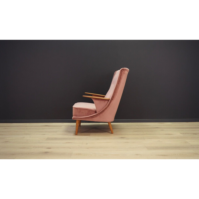 Vintage grey velvet and teak armchair, Denmark, 1960-70s